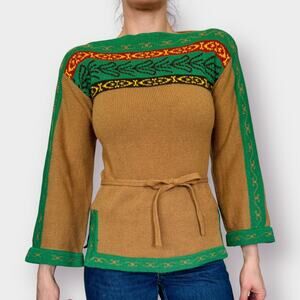 70s Tan Green Tunic Sweater Size M